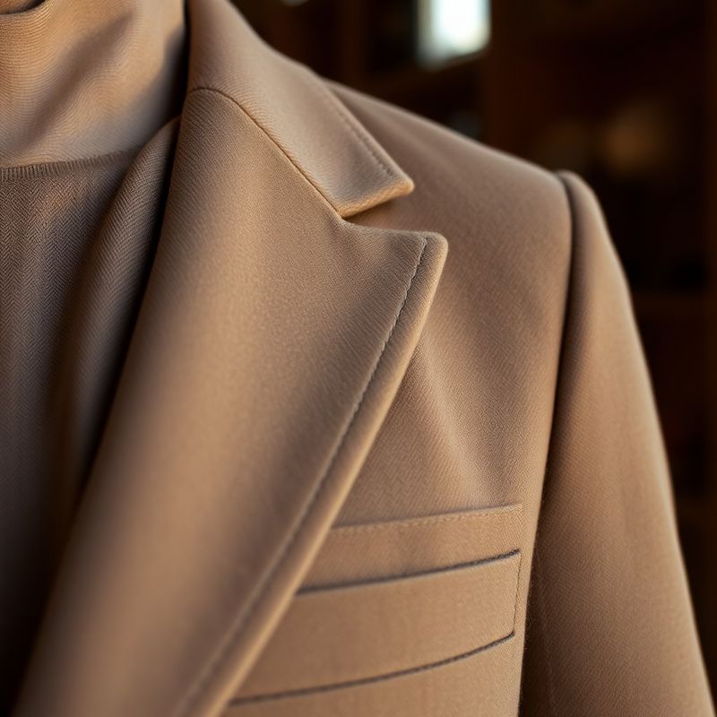 Detaliu de rever de blazer croit în lână bej prăfuit, cu butonieră cusută manual