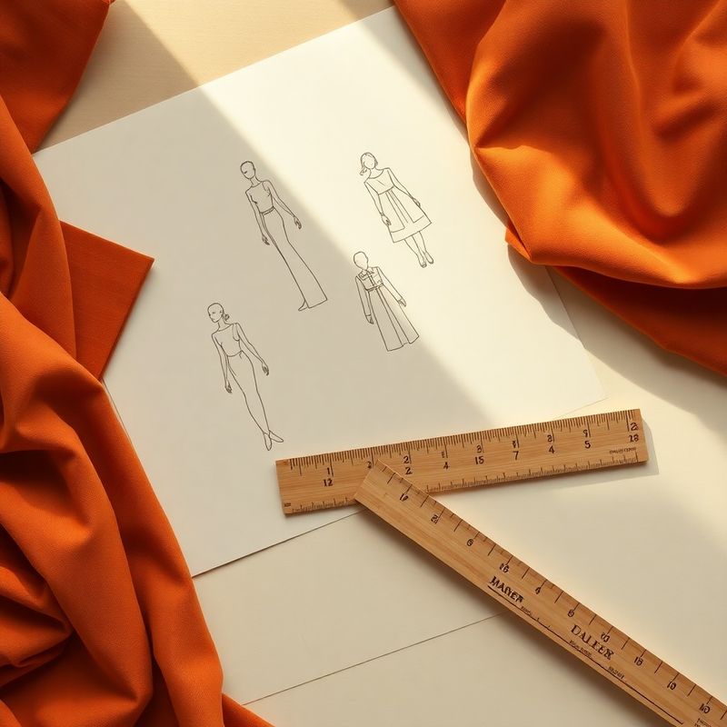 Flat-lay cu mostre de stofă în teracotă, crem și ocru, schițe pe hârtie crem și o riglă de lemn pe un birou de atelier