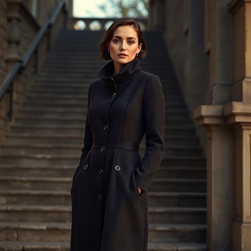 Femeie în rochie midi de lână boiled antracit cu guler înalt pe o scară de piatră din Sibiu