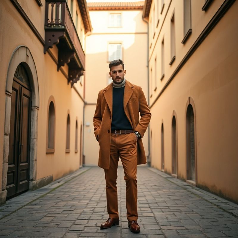 Bărbat în pardesiu caramel și pantaloni ocru în curtea istorică din Sibiu