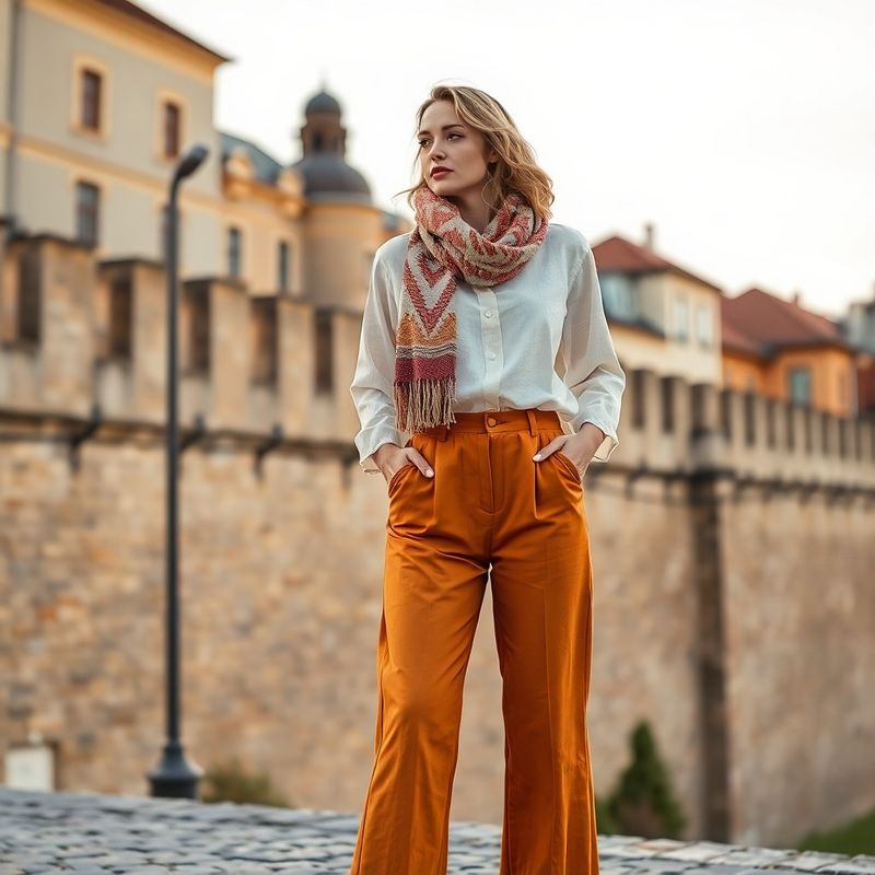 Femeie în pantaloni cu talie înaltă ocru, bluză de in crem și eșarfă țesută manual, pe zidurile cetății din Sibiu
