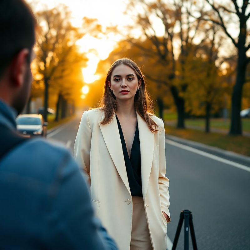 Cadru din culise cu fotograful de modă lucrând pe Strada Cetății din Sibiu, model în blazer crem în lumina aurie