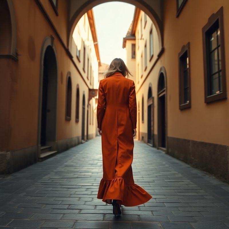 Femeie în palton lung teracotta trecând prin Pasajul Scărilor din Sibiu, în lumina aurie de octombrie