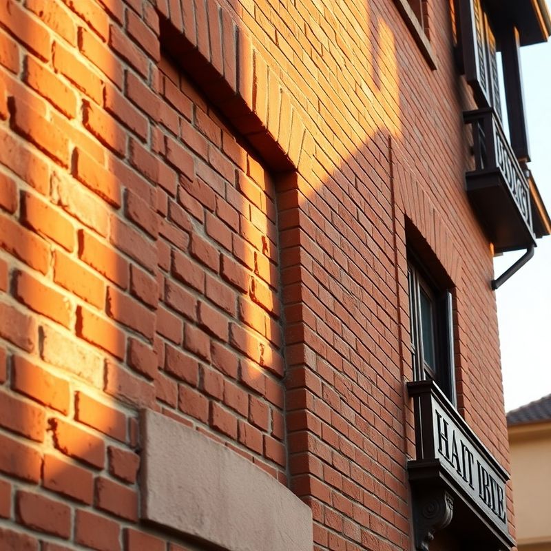 Detaliu de fațadă din cărămidă de teracotă pe o clădire medievală din Sibiu, în lumina caldă a după-amiezii
